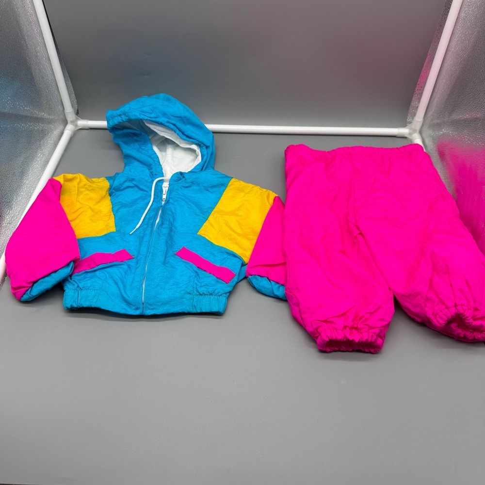 Vintage Babyfair Colorblock Windbreaker Set 12 Months Neon Pink Blue Yellow 90s